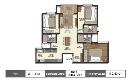 3 BHK+3T 1624-1684 SqFt
